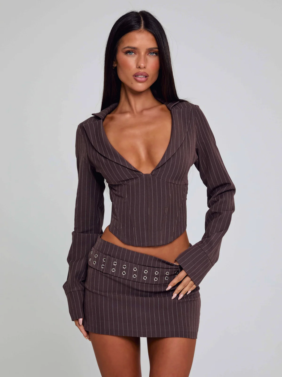 KESSIA SET TOP AND MINI SKIRT BROWN PINSTRIPE