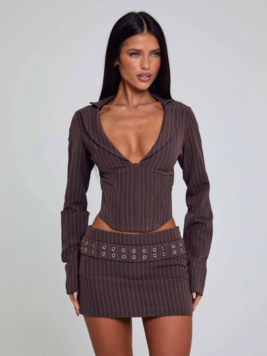 KESSIA SET TOP AND MINI SKIRT BROWN PINSTRIPE