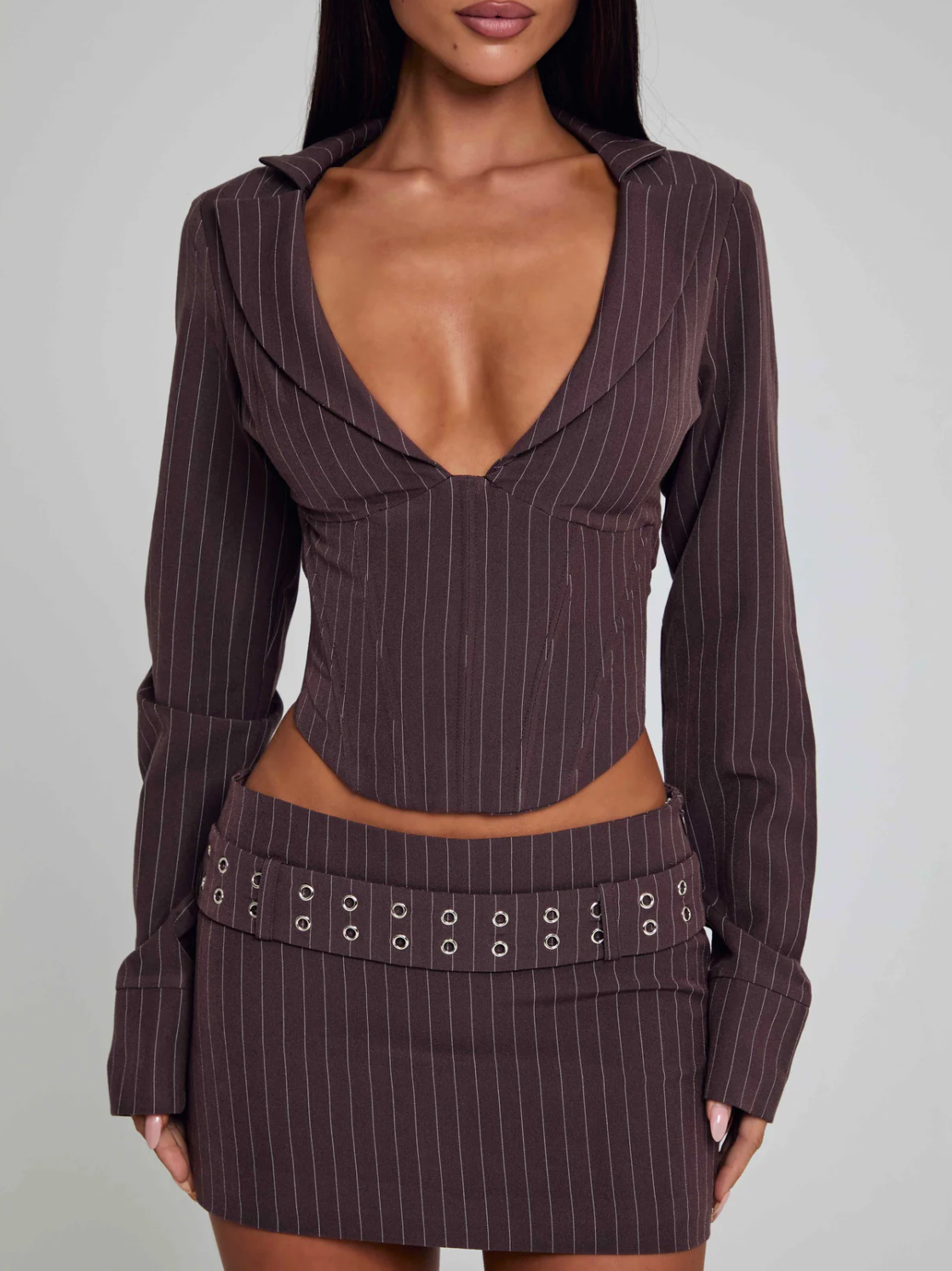 KESSIA SET TOP AND MINI SKIRT BROWN PINSTRIPE